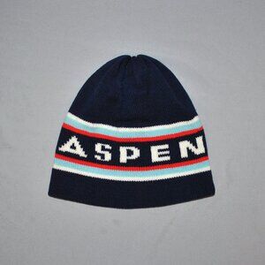 Vintage Aspen Beanie Winter Hat Retro Knit Logo Hat Blue, Red & White Stripes
